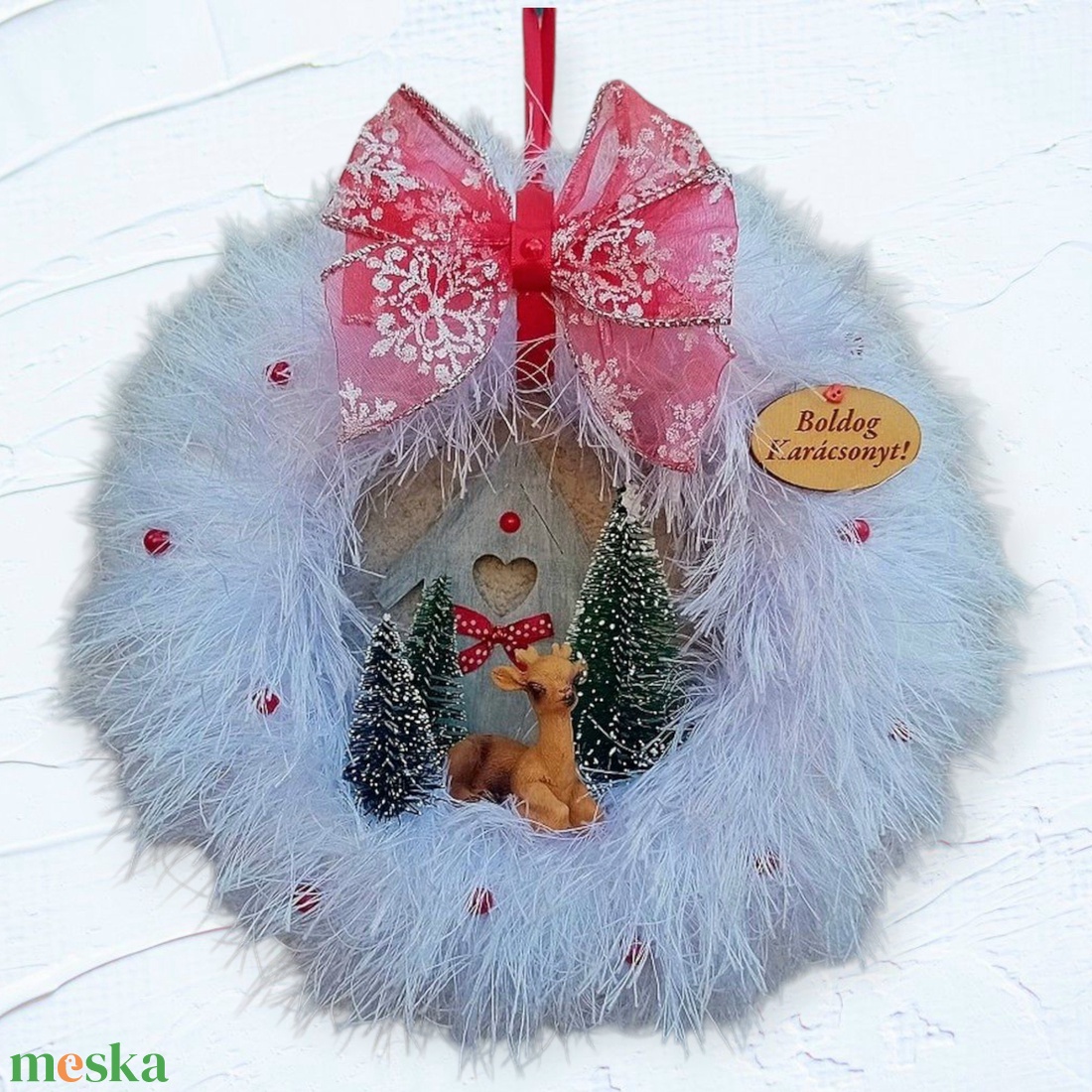 Téli, karácsonyi ajtódísz, kopogtató - őzikés, fehér - karácsony - adventi díszek - adventi ajtódísz - Meska.hu