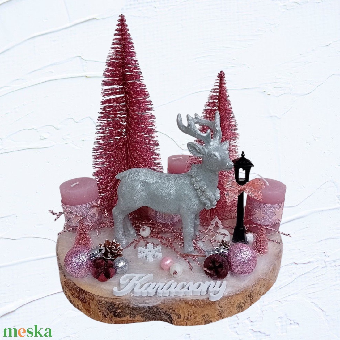 Karácsonyi, adventi asztaldísz szarvassal - pink, ezüst - karácsony - adventi díszek - adventi asztaldísz - Meska.hu