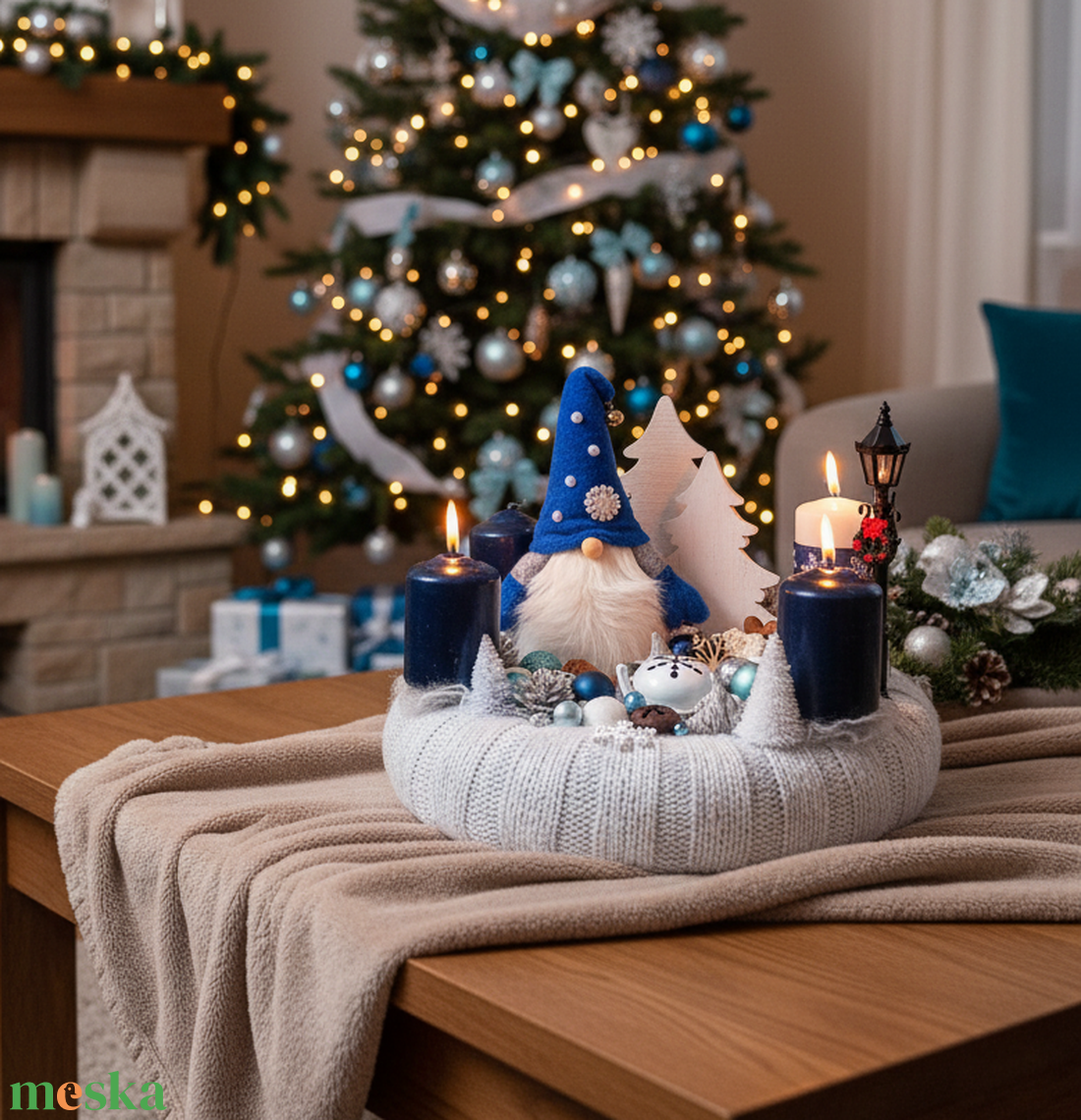 Kék manós adventi, karácsonyi koszorú - karácsony - adventi díszek - adventi koszorú - Meska.hu