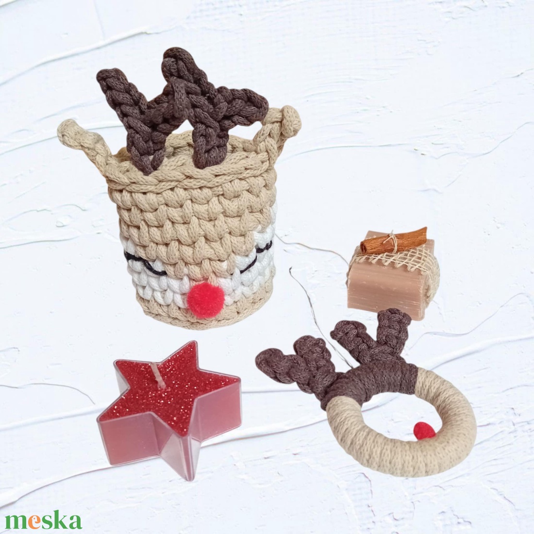 Rénszarvas karácsonyi ajándékszett, drapp/piros - otthon & életmód - tárolás & rendszerezés - tárolókosár - Meska.hu