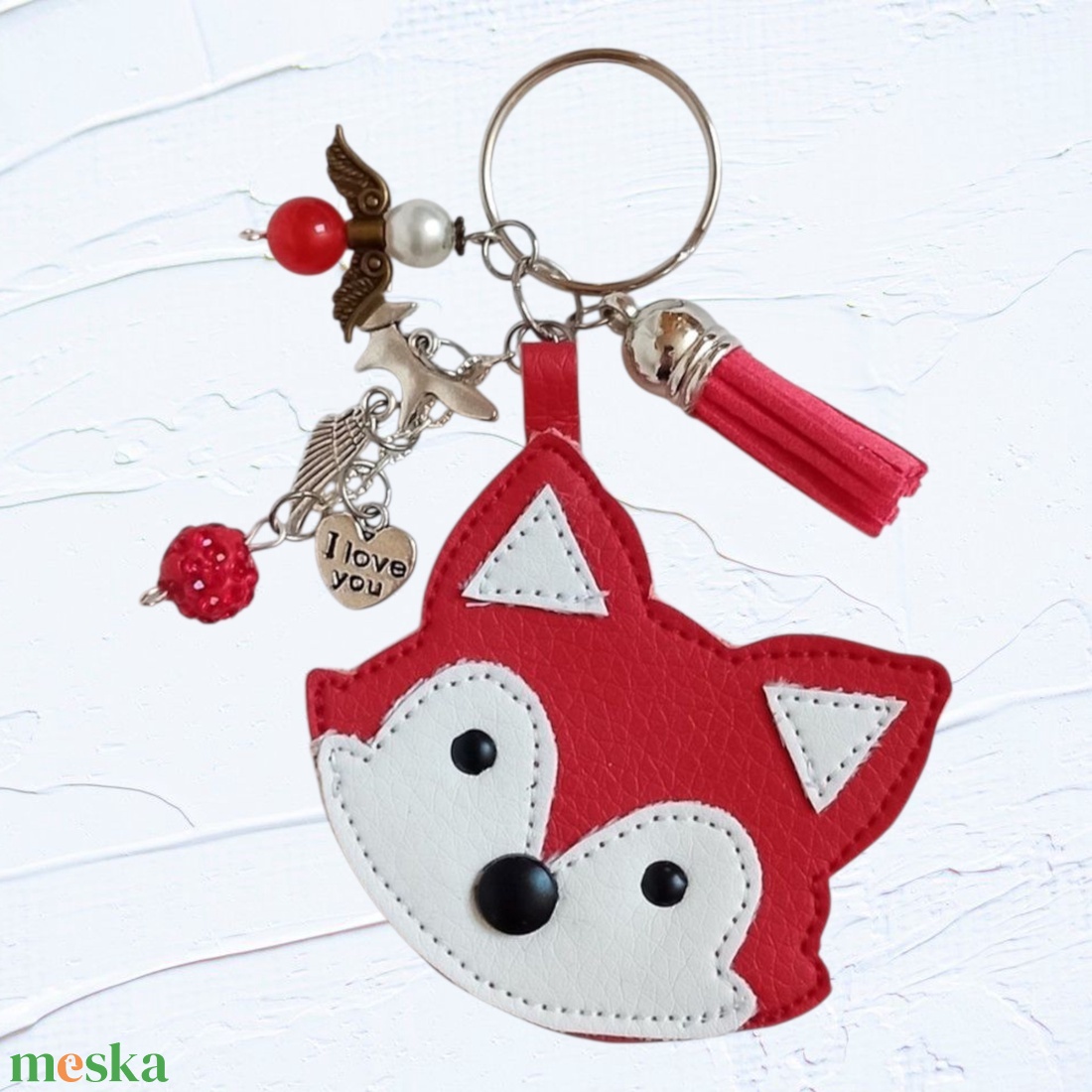 Szerencsehozó kulcstartó, táskadísz ásványgyöngyökkel - róka - piros/fehér - táska & tok - kulcstartó & táskadísz - kulcstartó - Meska.hu