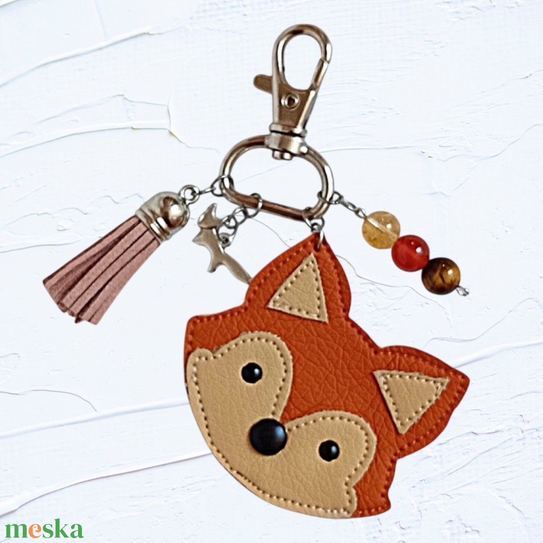 Szerencsehozó kulcstartó, táskadísz ásványgyöngyökkel - róka - terrakotta/bézs I. - táska & tok - kulcstartó & táskadísz - kulcstartó - Meska.hu