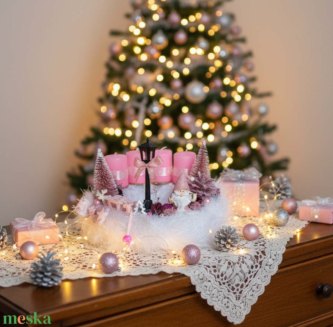 Adventi, karácsonyi manós koszorú, asztaldísz rózsaszín - karácsony - adventi díszek - adventi asztaldísz - Meska.hu