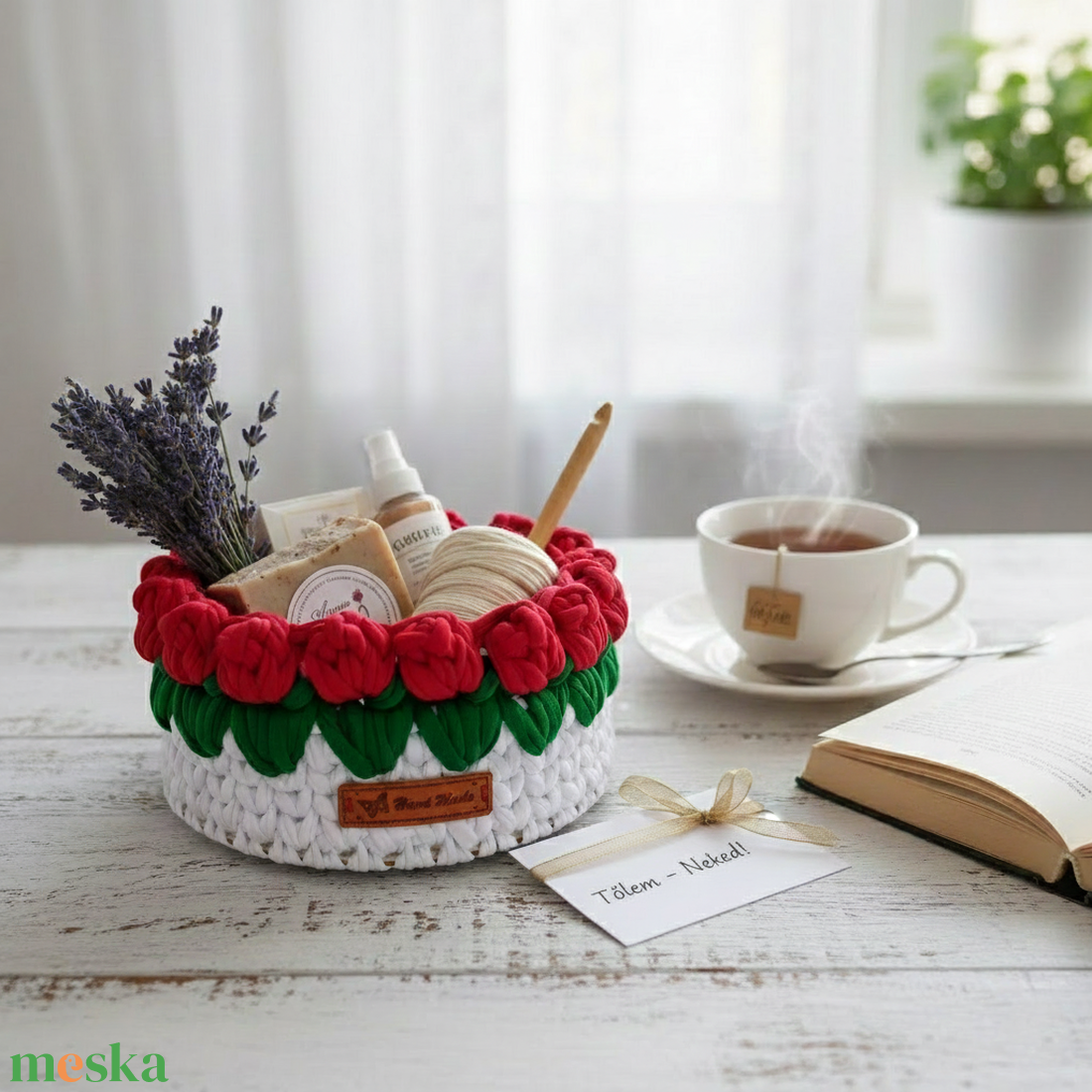 Horgolt rózsás kosárka  - otthon & életmód - tárolás & rendszerezés - tárolókosár - Meska.hu