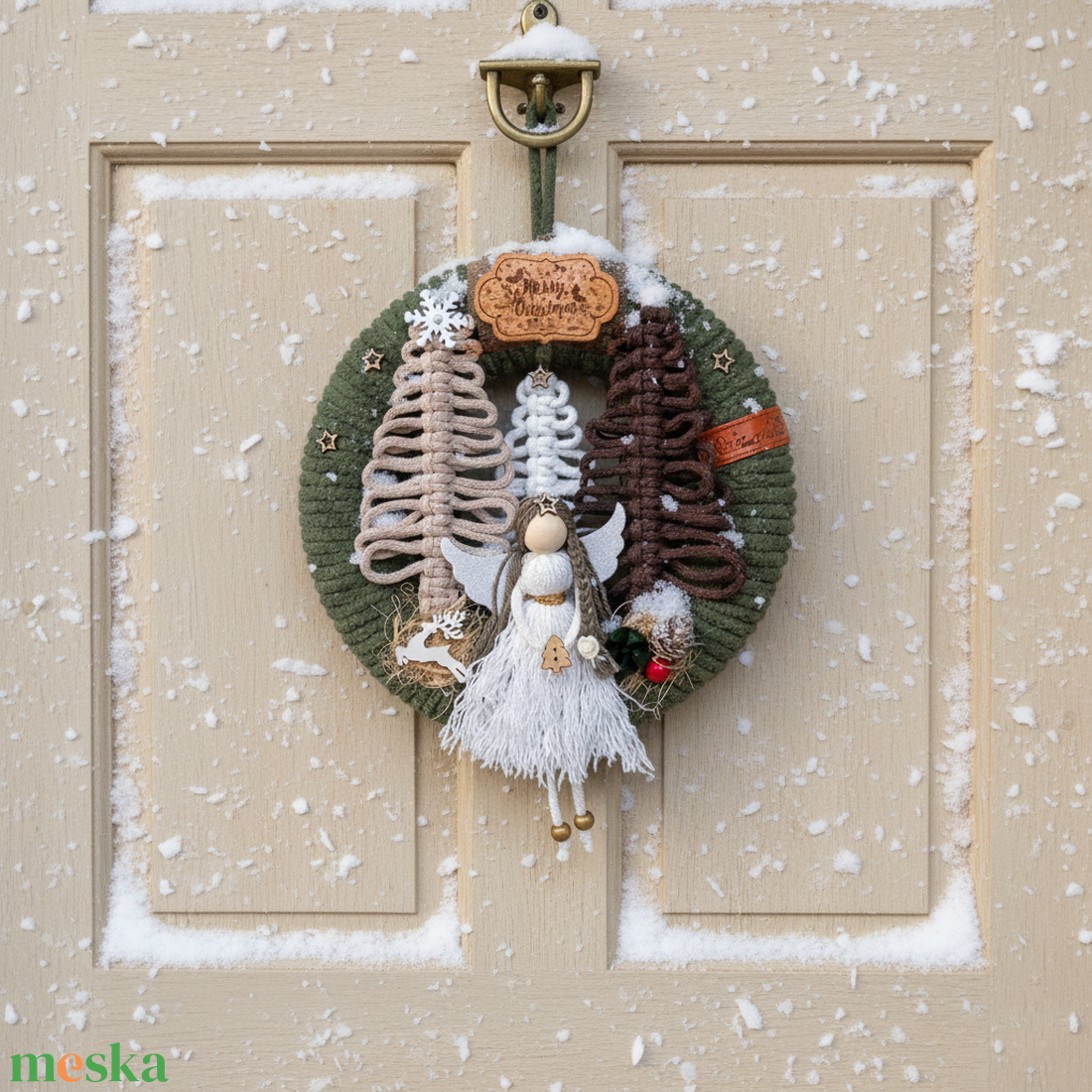 Angyalkás karácsonyi, téli ajtódísz, kopogtató - karácsony - karácsonyi lakásdekoráció - karácsonyi ajtódíszek - Meska.hu