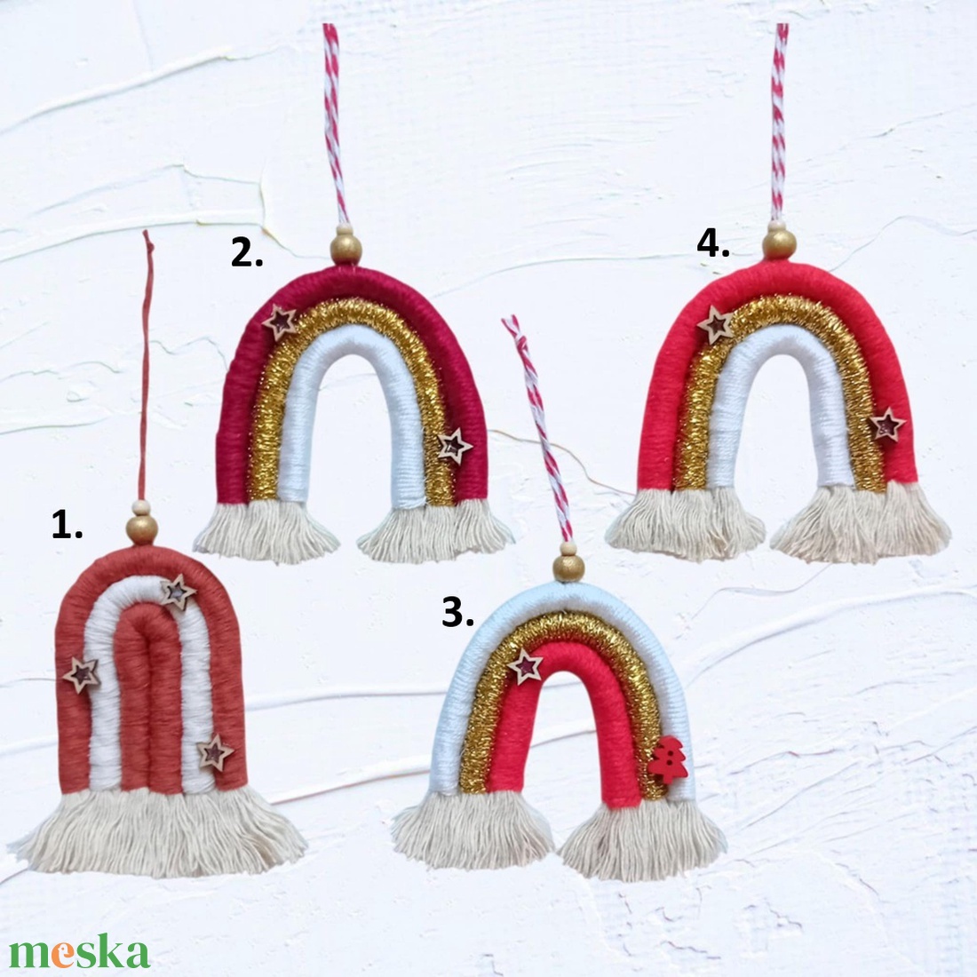 Makramé karácsonyfadíszek, télapó, szivárvány, koszorú - karácsony - karácsonyi lakásdekoráció - karácsonyfadíszek - Meska.hu