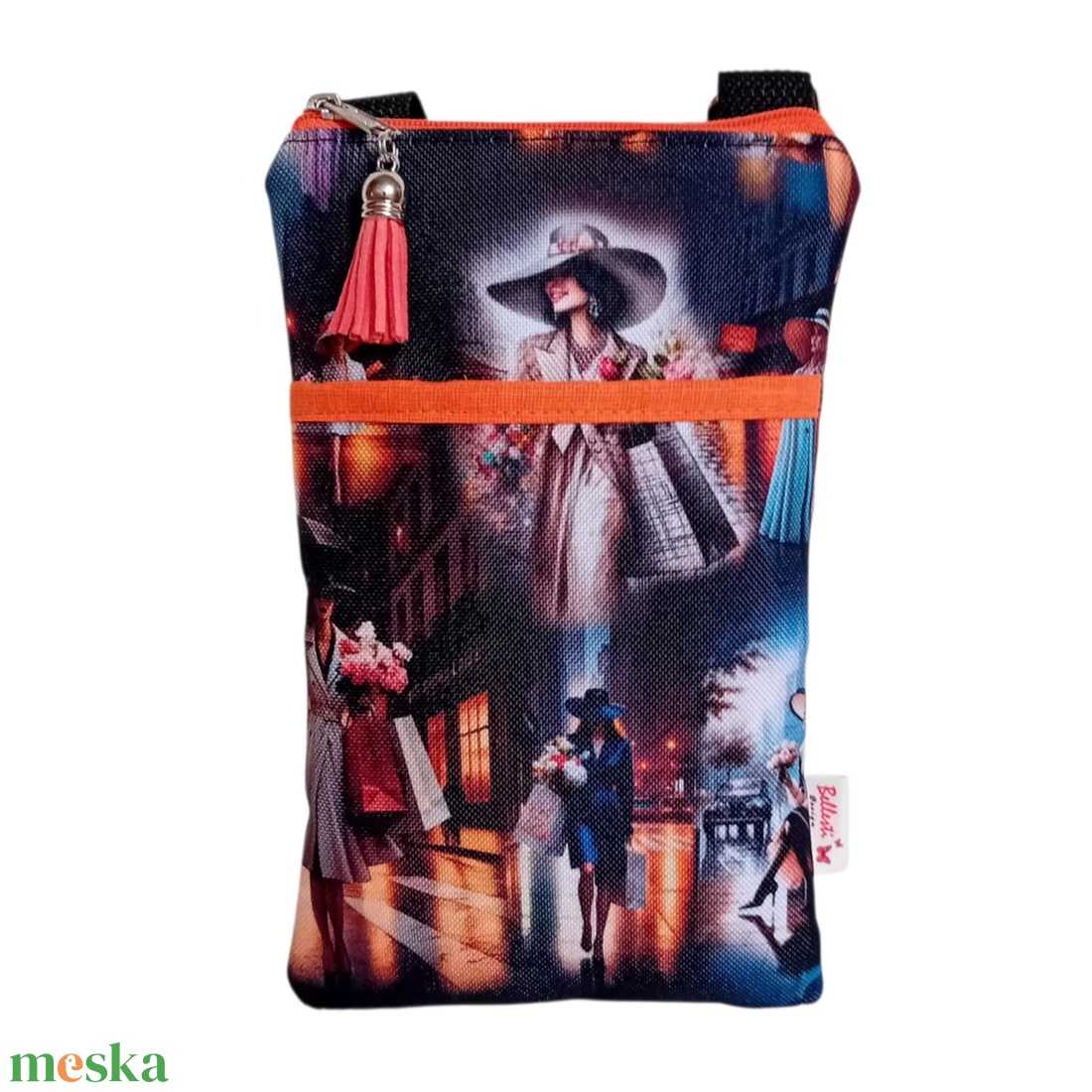 Mobiltelefon tartó válltáska, fekete/narancs 13 x 21 cm - táska & tok - kézitáska & válltáska - vállon átvethető táska - Meska.hu