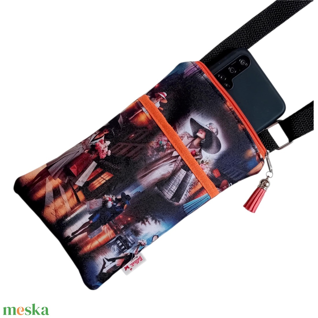 Mobiltelefon tartó válltáska, fekete/narancs 13 x 21 cm - táska & tok - kézitáska & válltáska - vállon átvethető táska - Meska.hu