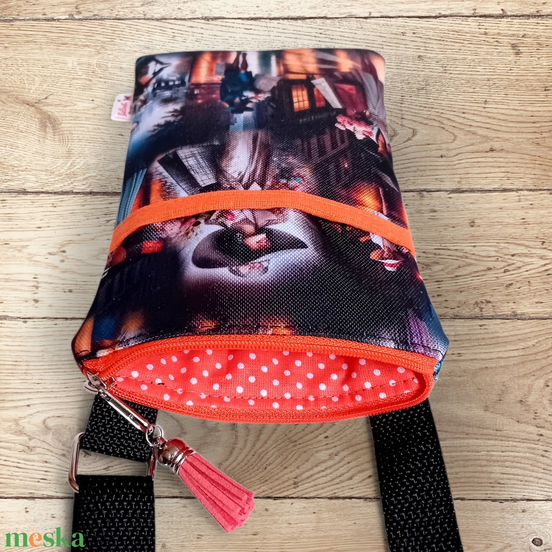 2in1 mobiltartó táska crossbody válltáska fekete/narancs 13 x 21 cm - táska & tok - kézitáska & válltáska - vállon átvethető táska - Meska.hu