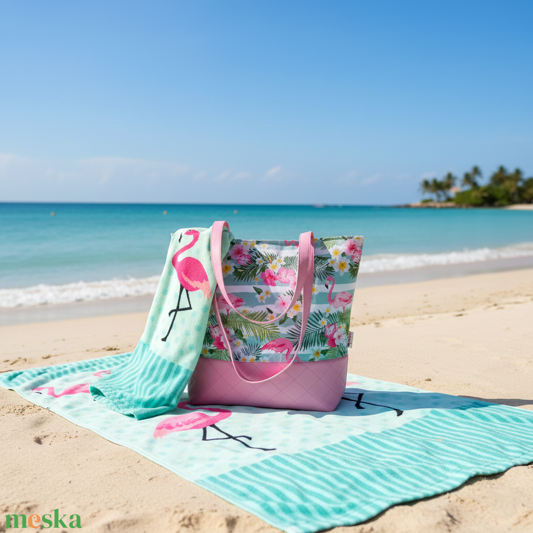 MAXI válltáska szett nagy pakolós női táska pénztárca szemüvegtok flamingó mintás 40x35 cm - táska & tok - táska szett - Meska.hu