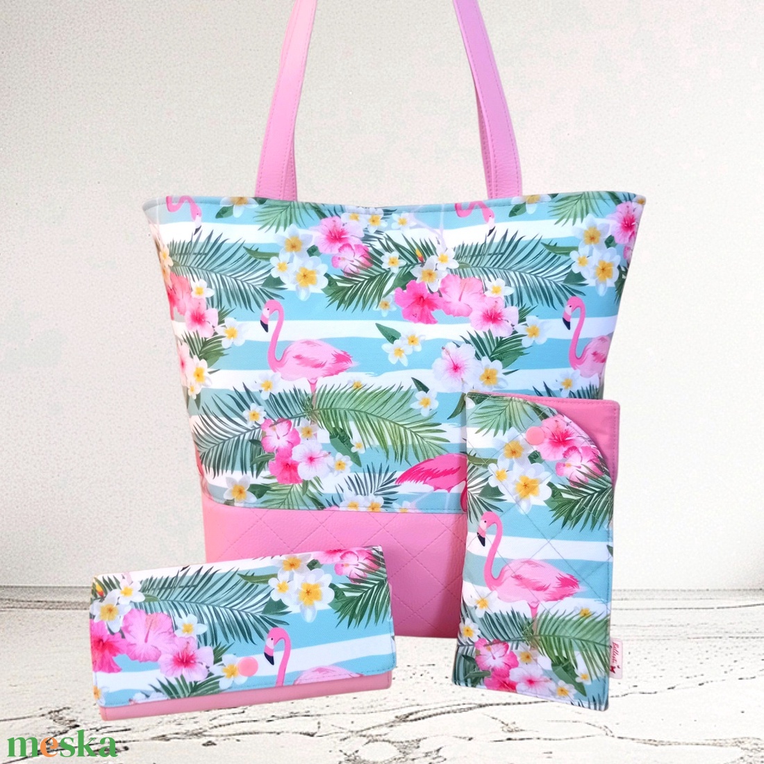 MAXI válltáska szett nagy pakolós női táska pénztárca szemüvegtok flamingó mintás 40x35 cm - táska & tok - táska szett - Meska.hu