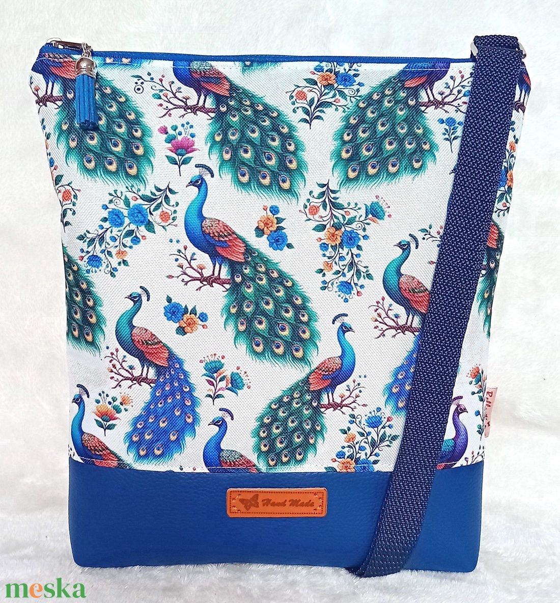2in1 válltáska citybag oldaltáska páva mintás kék 25x27 cm - táska & tok - kézitáska & válltáska - vállon átvethető táska - Meska.hu