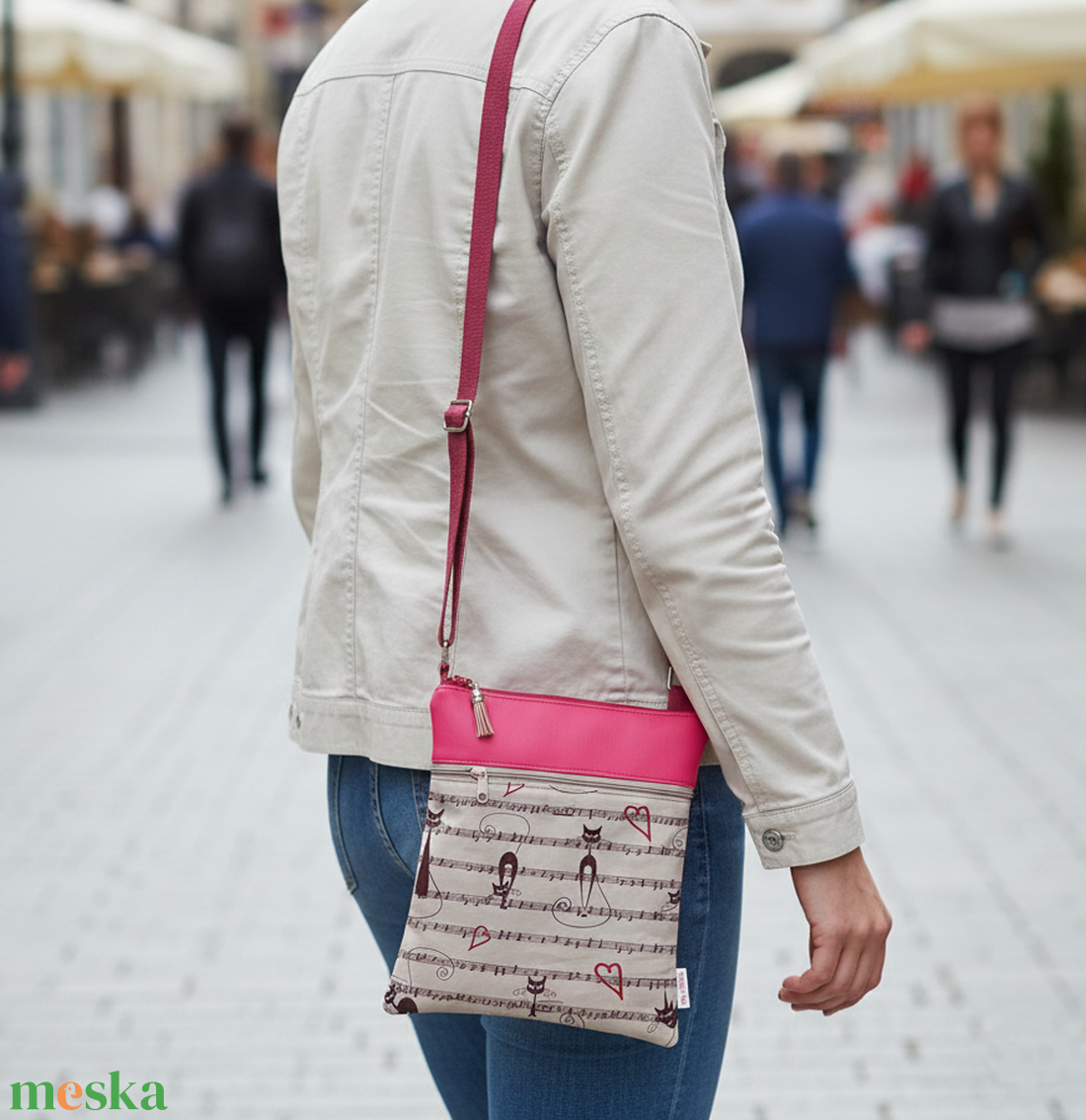 2in1 válltáska oldaltáska cica mintás fukszia/drapp 20x23 cm - táska & tok - kézitáska & válltáska - vállon átvethető táska - Meska.hu