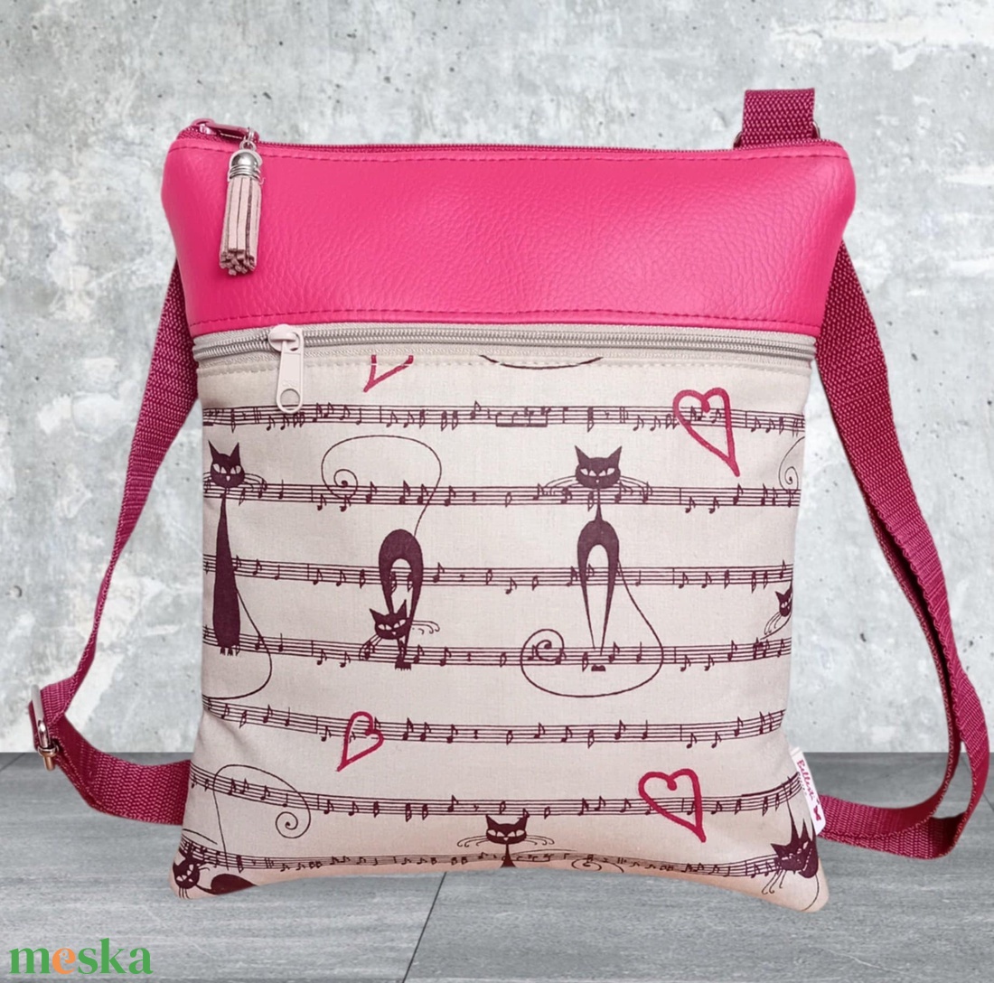2in1 válltáska oldaltáska cica mintás fukszia/drapp 20x23 cm - táska & tok - kézitáska & válltáska - vállon átvethető táska - Meska.hu