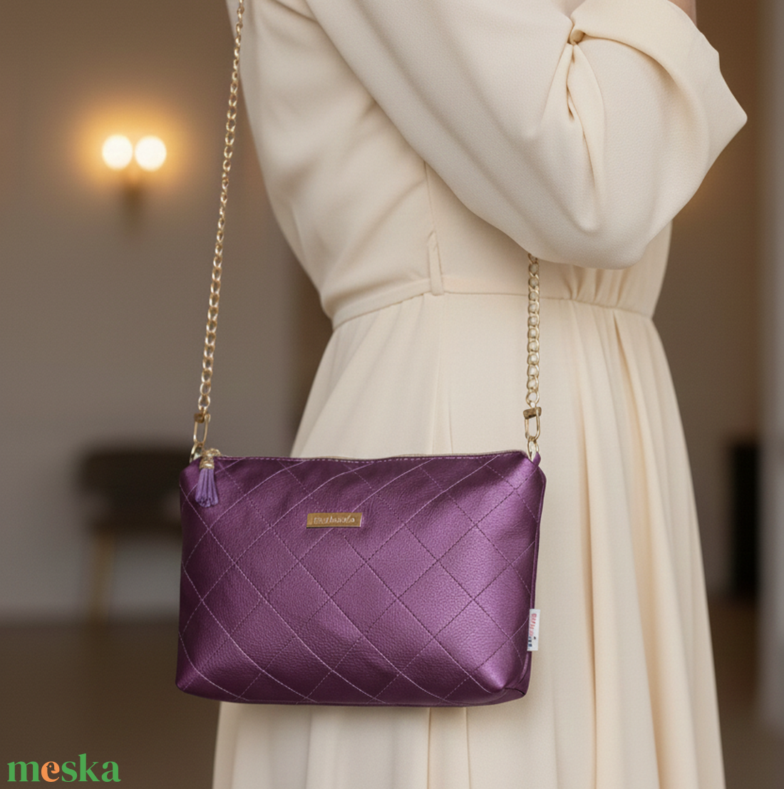 Alkalmi válltáska pénztárca szett steppelt mintával metál lila 23x15 cm - táska & tok - táska szett - Meska.hu