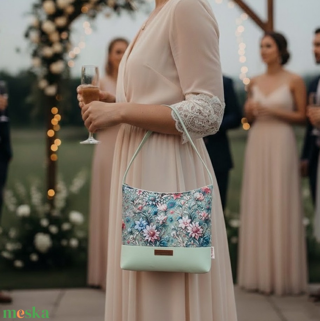 Alkalmi táska pénztárca szett - virágmintás/menta 23x18 cm - táska & tok - táska szett - Meska.hu