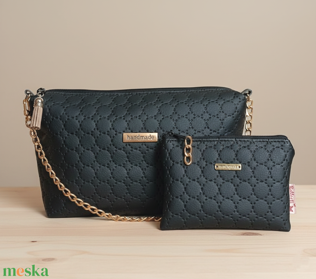 Alkalmi válltáska pénztárca szett steppelt mintával fekete 23x15 cm  - táska & tok - kézitáska & válltáska - válltáska - Meska.hu