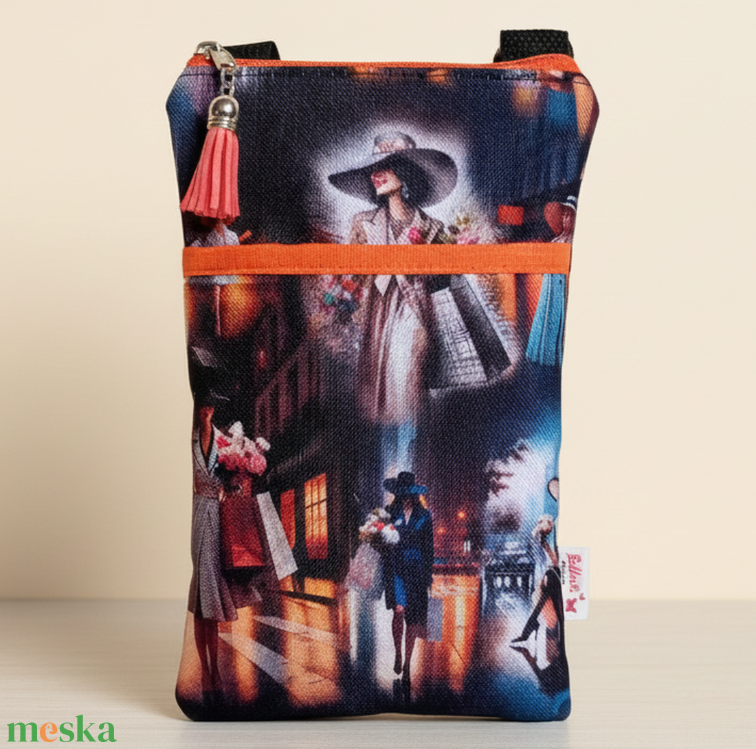 2in1 mobiltartó táska crossbody válltáska fekete/narancs 13 x 21 cm - táska & tok - kézitáska & válltáska - vállon átvethető táska - Meska.hu