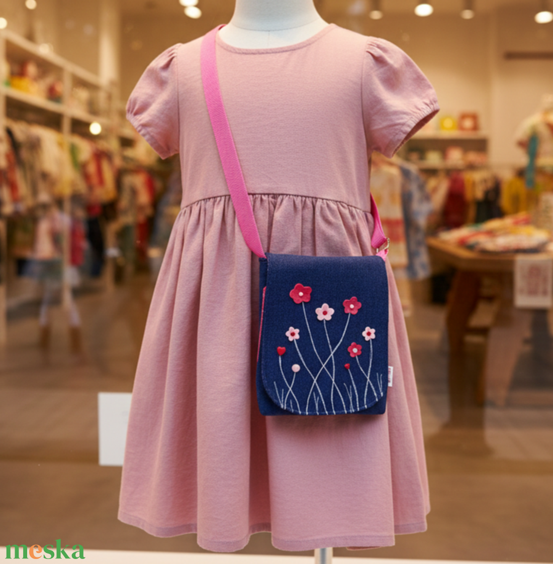 Gyerek farmer oldaltáska - rózsaszínű-pink virágok - táska & tok - kézitáska & válltáska - vállon átvethető táska - Meska.hu