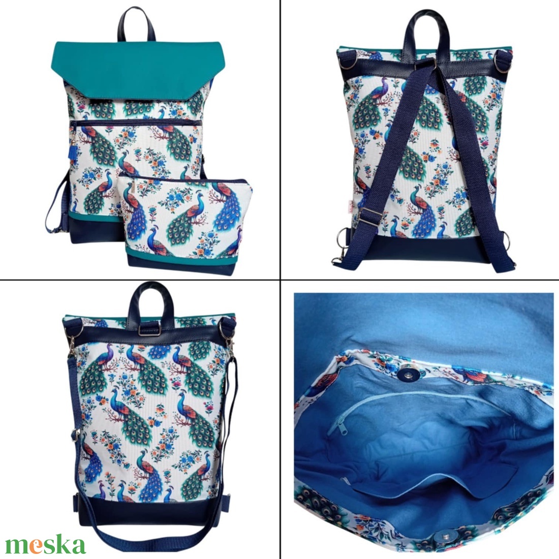 4in1 univerzális hátitáska oldaltáska páva mintás kék 30x35 cm - táska & tok - variálható táska - Meska.hu
