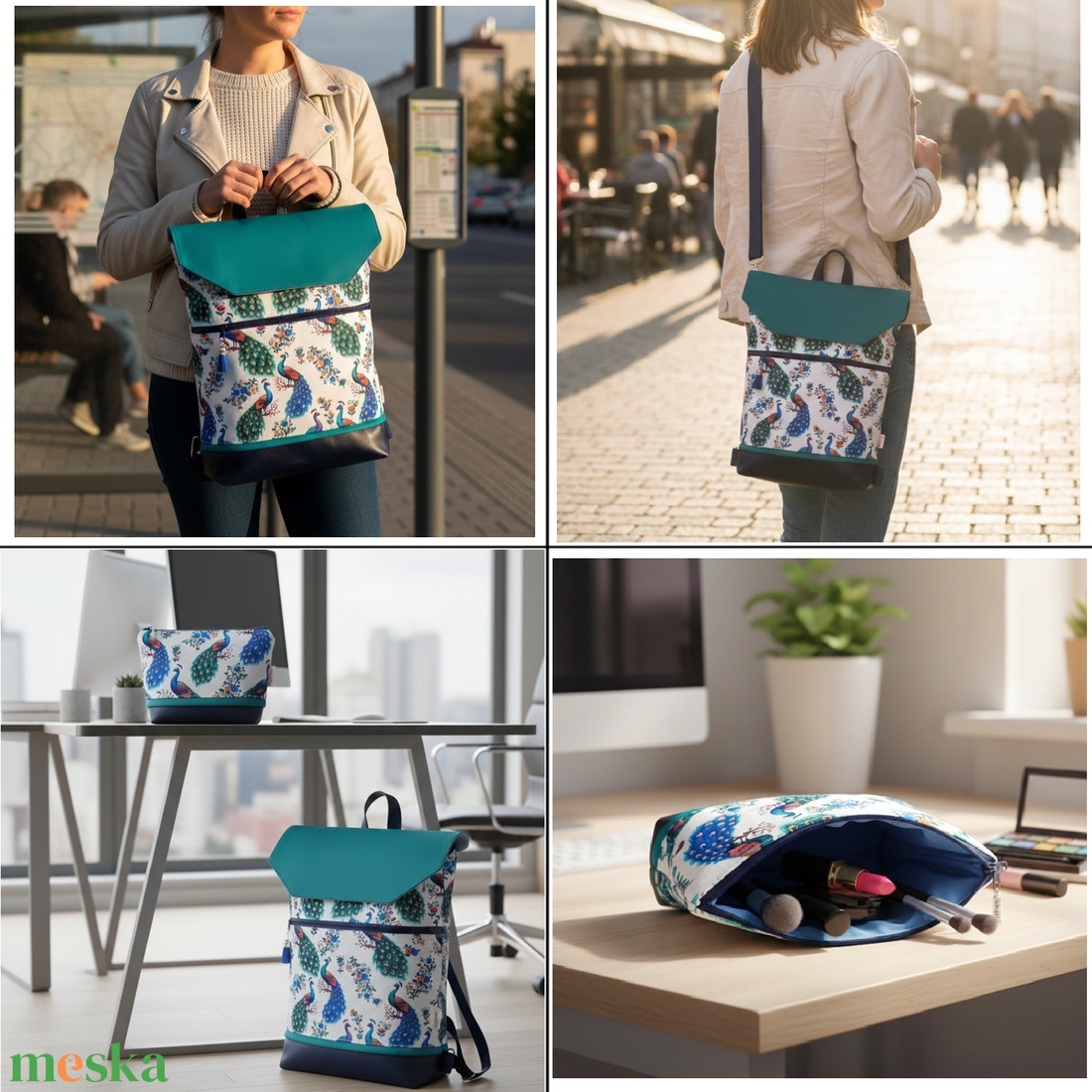 4in1 univerzális hátitáska oldaltáska páva mintás kék 30x35 cm - táska & tok - variálható táska - Meska.hu