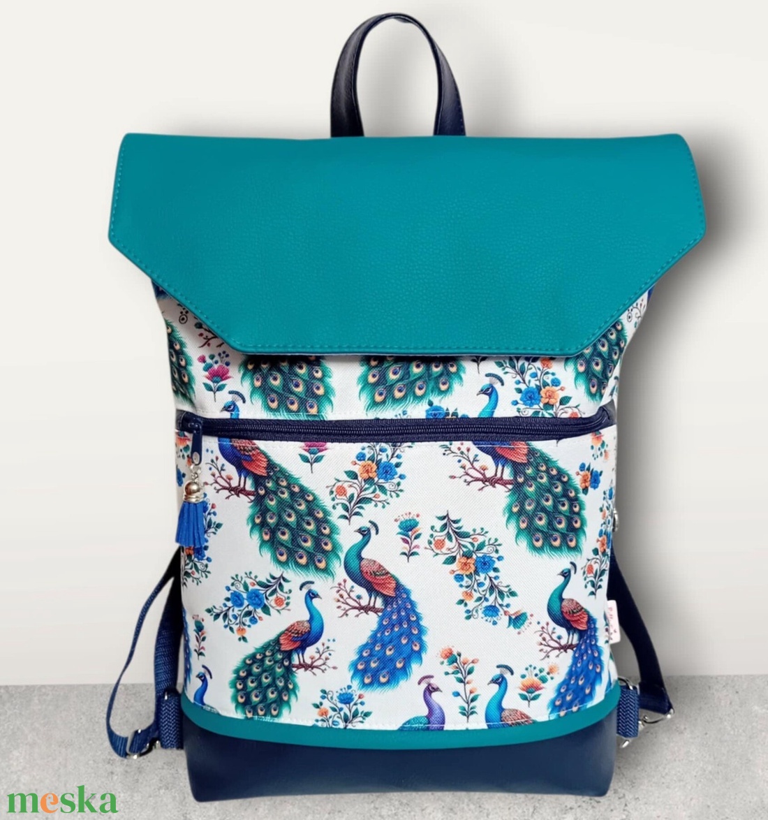 4in1 univerzális hátitáska oldaltáska páva mintás kék 30x35 cm - táska & tok - variálható táska - Meska.hu
