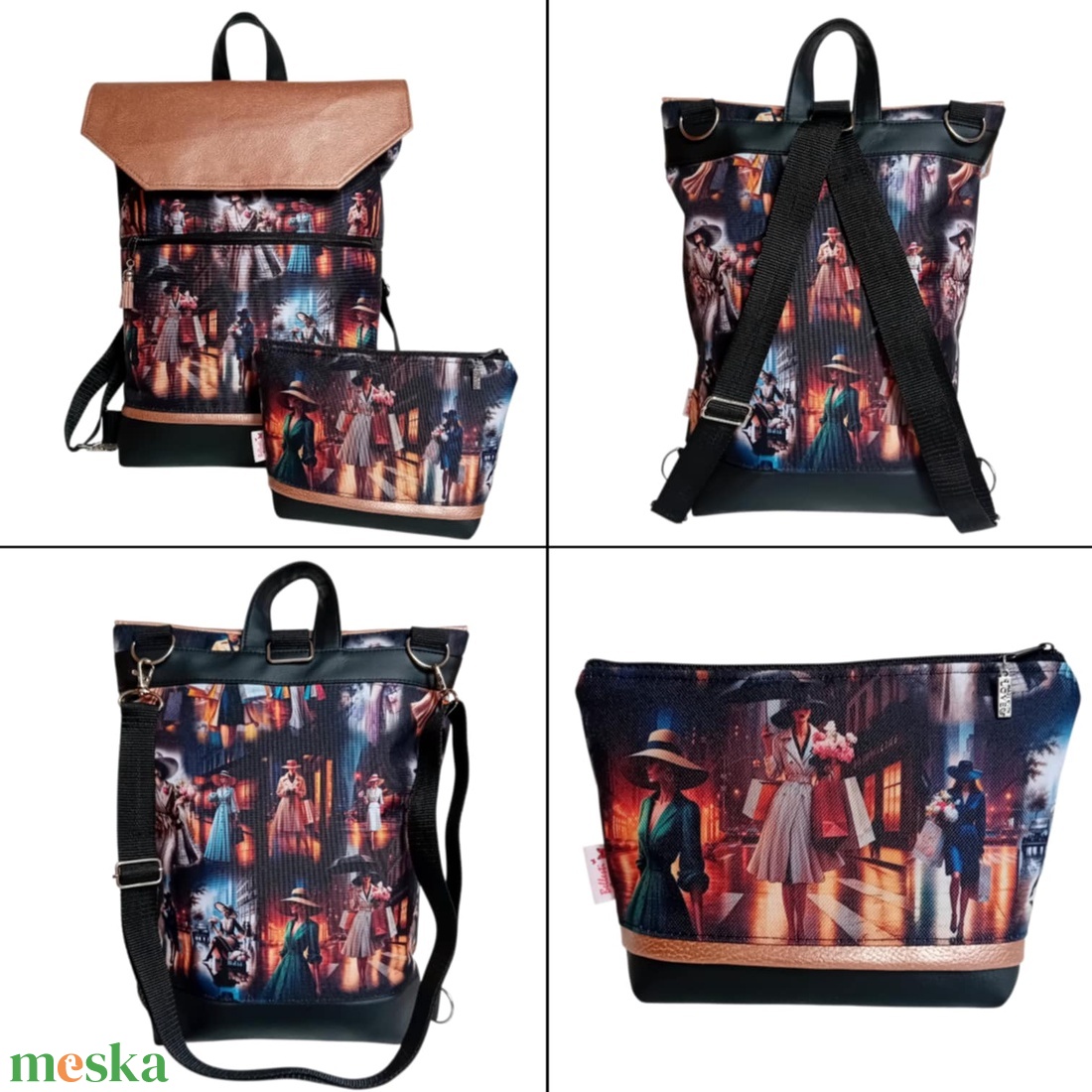 4in1 univerzális hátitáska oldaltáska elegáns mintával fekete/bronz 30x35 cm - táska & tok - variálható táska - Meska.hu
