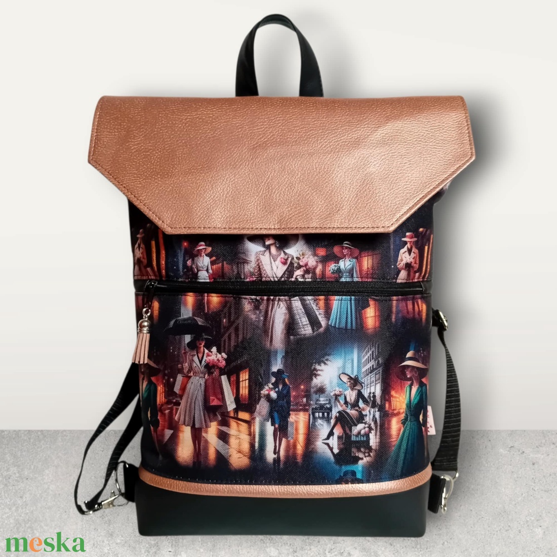 4in1 univerzális hátitáska oldaltáska elegáns mintával fekete/bronz 30x35 cm - táska & tok - variálható táska - Meska.hu