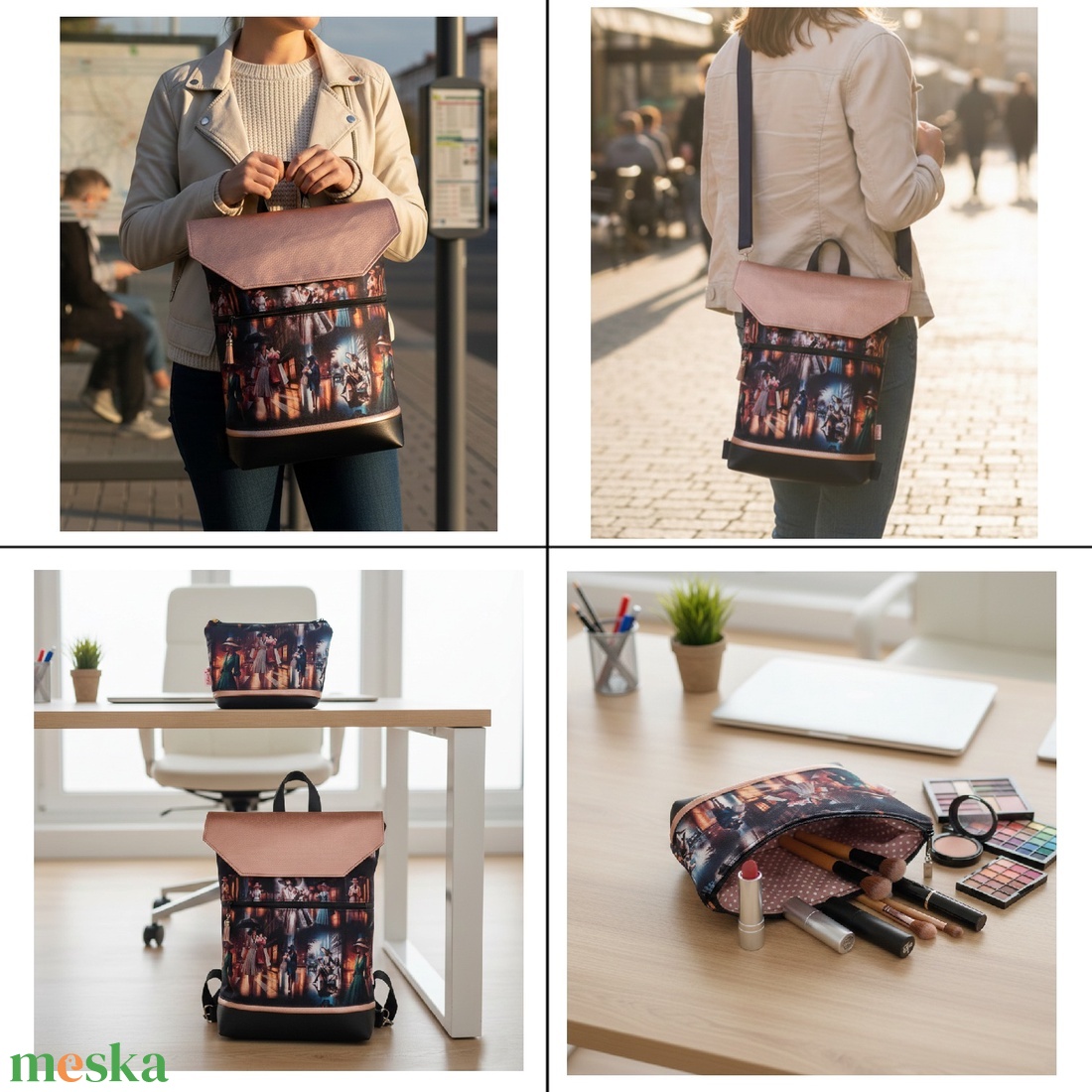 4in1 univerzális hátitáska oldaltáska elegáns mintával fekete/bronz 30x35 cm - táska & tok - variálható táska - Meska.hu