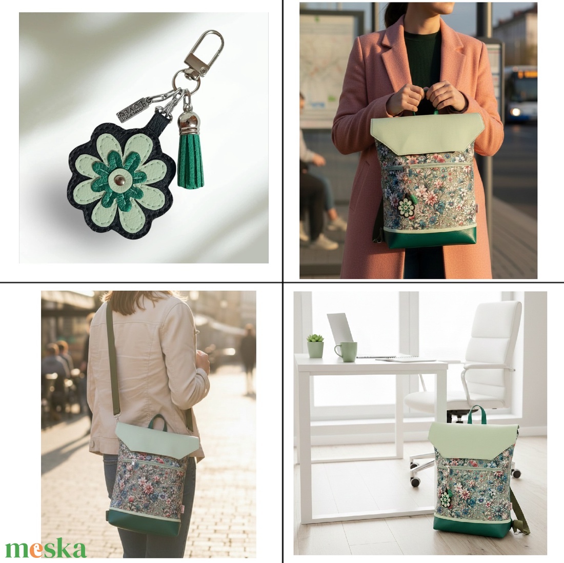 4in1 univerzális hátitáska oldaltáska kulcstartó szett zöld/menta 30x35 cm - táska & tok - variálható táska - Meska.hu