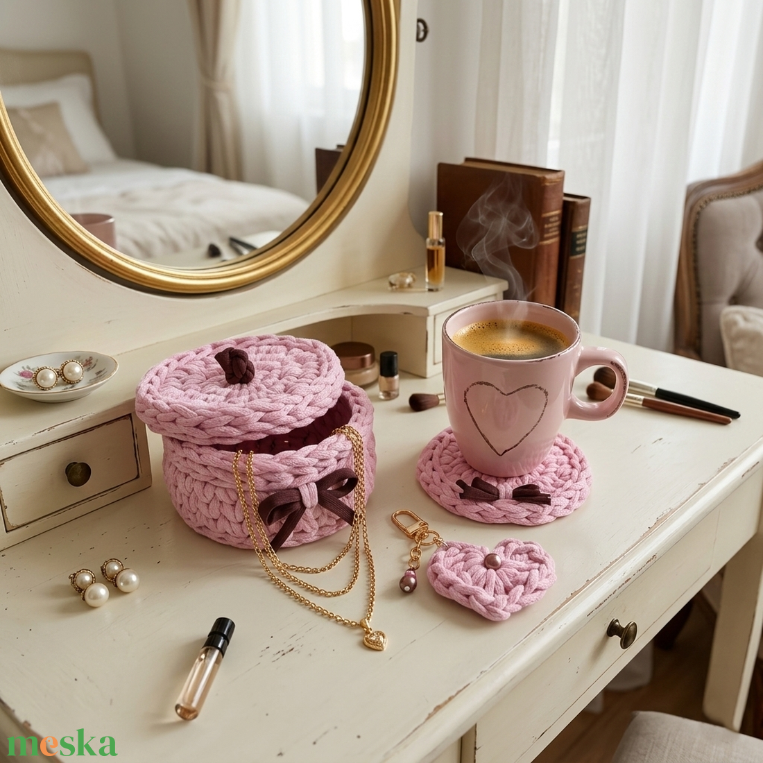 Horgolt bögrés ajándékszett, rózsaszín - otthon & életmód - tárolás & rendszerezés - tárolókosár - Meska.hu