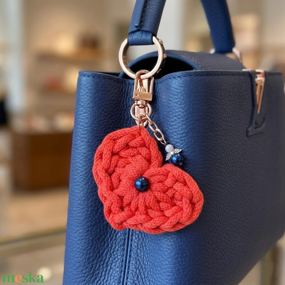Táskadísz kulcstartó horgolt szívvel angyalkával, narancs - táska & tok - kulcstartó & táskadísz - kulcstartó - Meska.hu