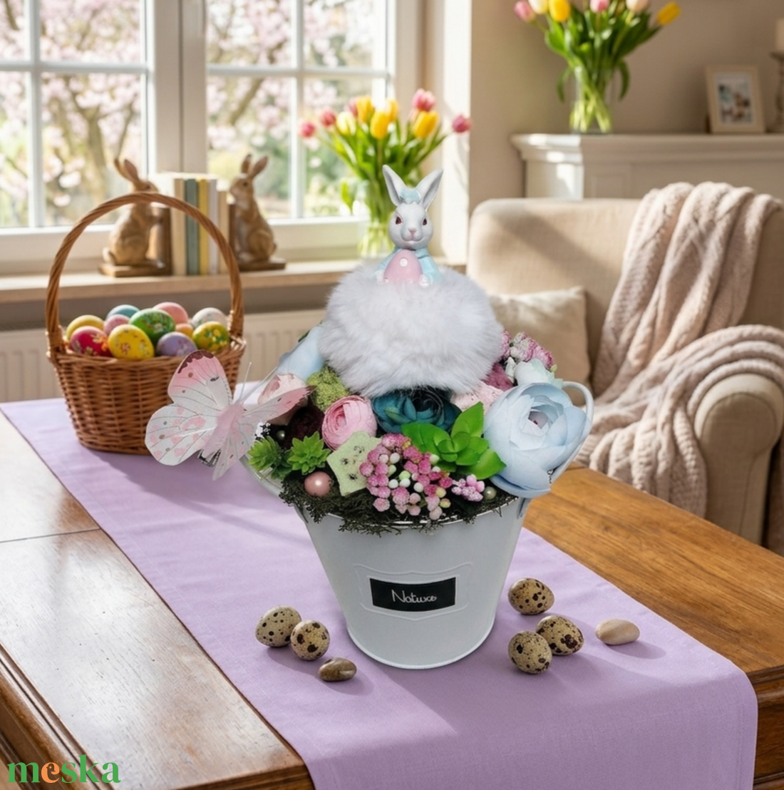 Tavaszi, nyári, húsvéti asztaldísz - nyuszilány pillangóval - ünnepi díszek, dekorációk - húsvéti díszek és dekorációk - húsvéti virágos díszek - Meska.hu