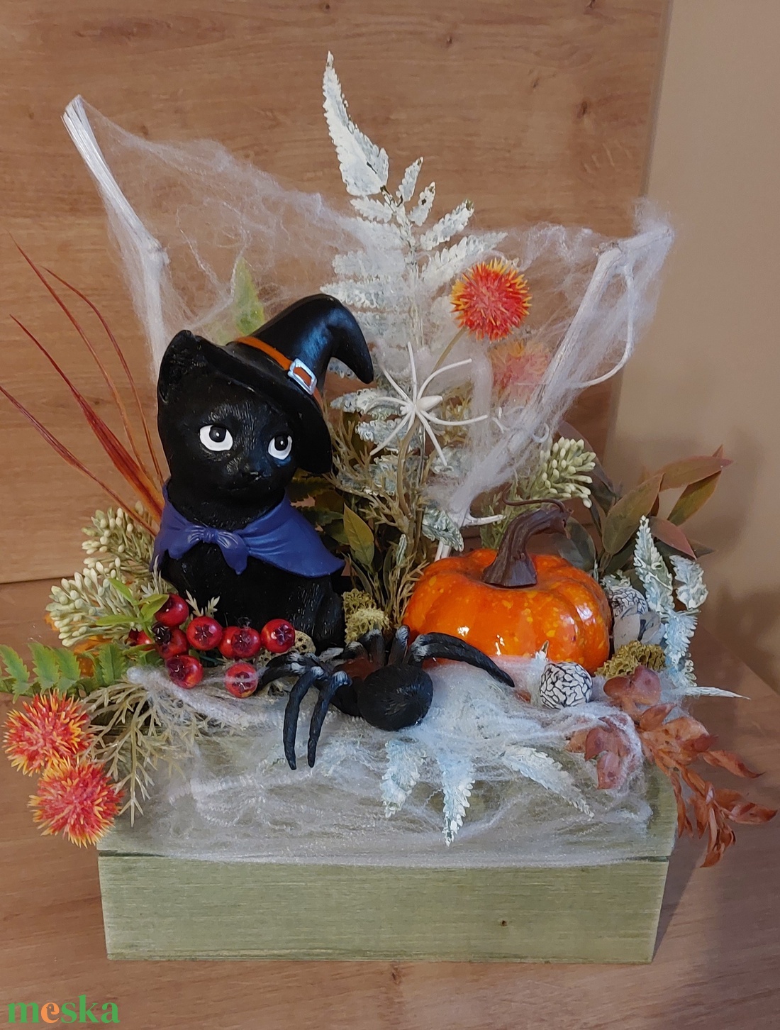Halloween-dísz faboxban fekete macskával - otthon & életmód - dekoráció - halloween - halloweeni asztaldísz - Meska.hu