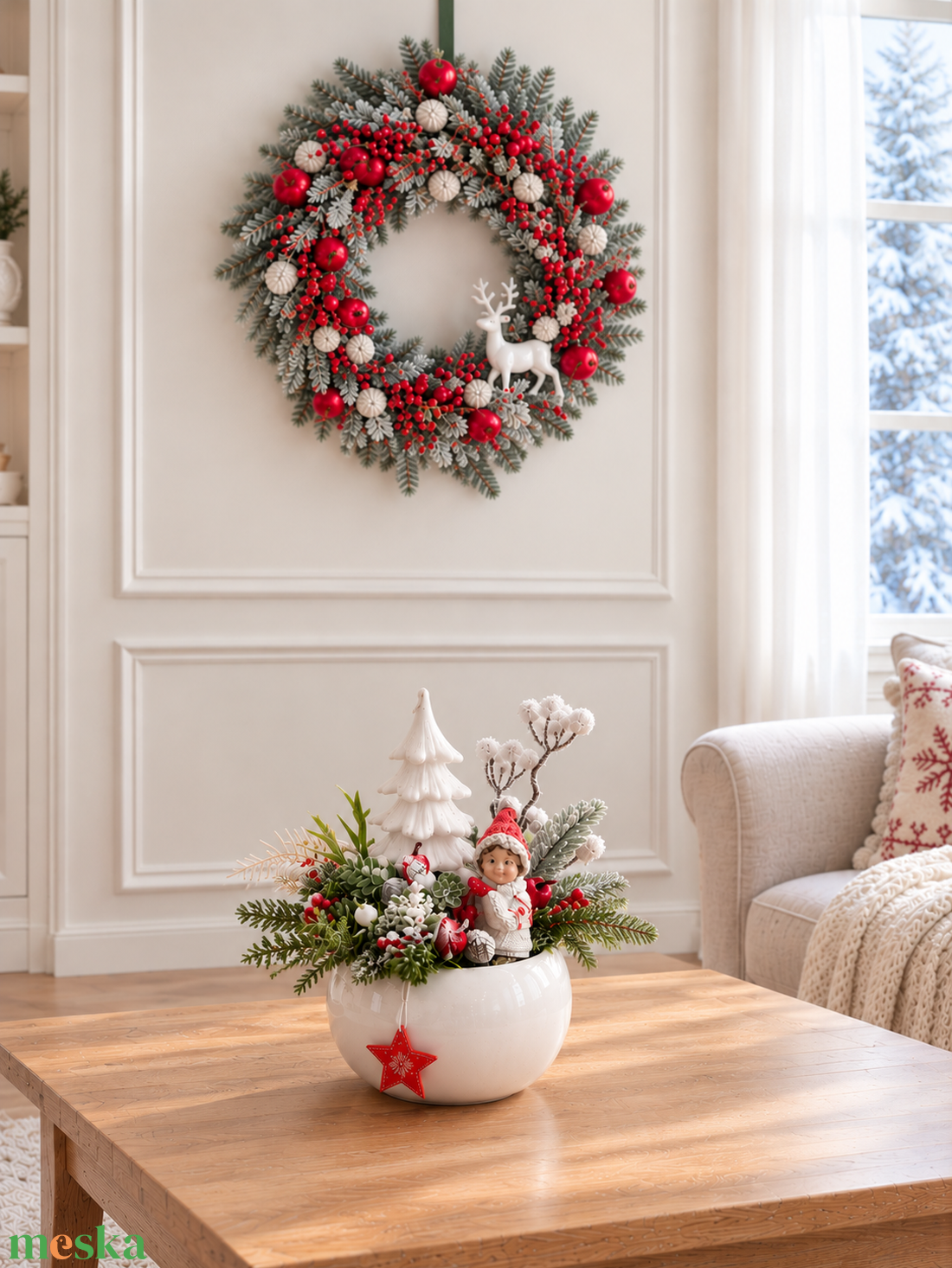 Piros-havasfehér ajtó-és asztalidísz szettben - karácsony - adventi díszek - adventi asztaldísz - Meska.hu