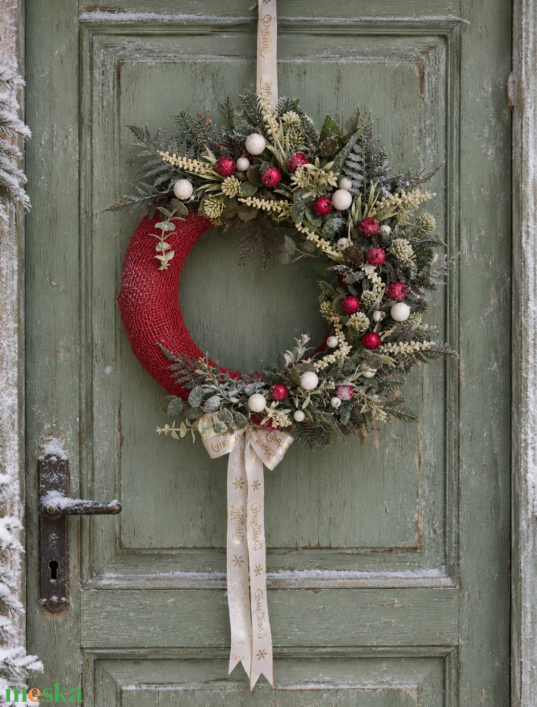 Adventi ajtódísz fenyővel bogyókkal levelekkel. - karácsony - adventi díszek - adventi ajtódísz - Meska.hu