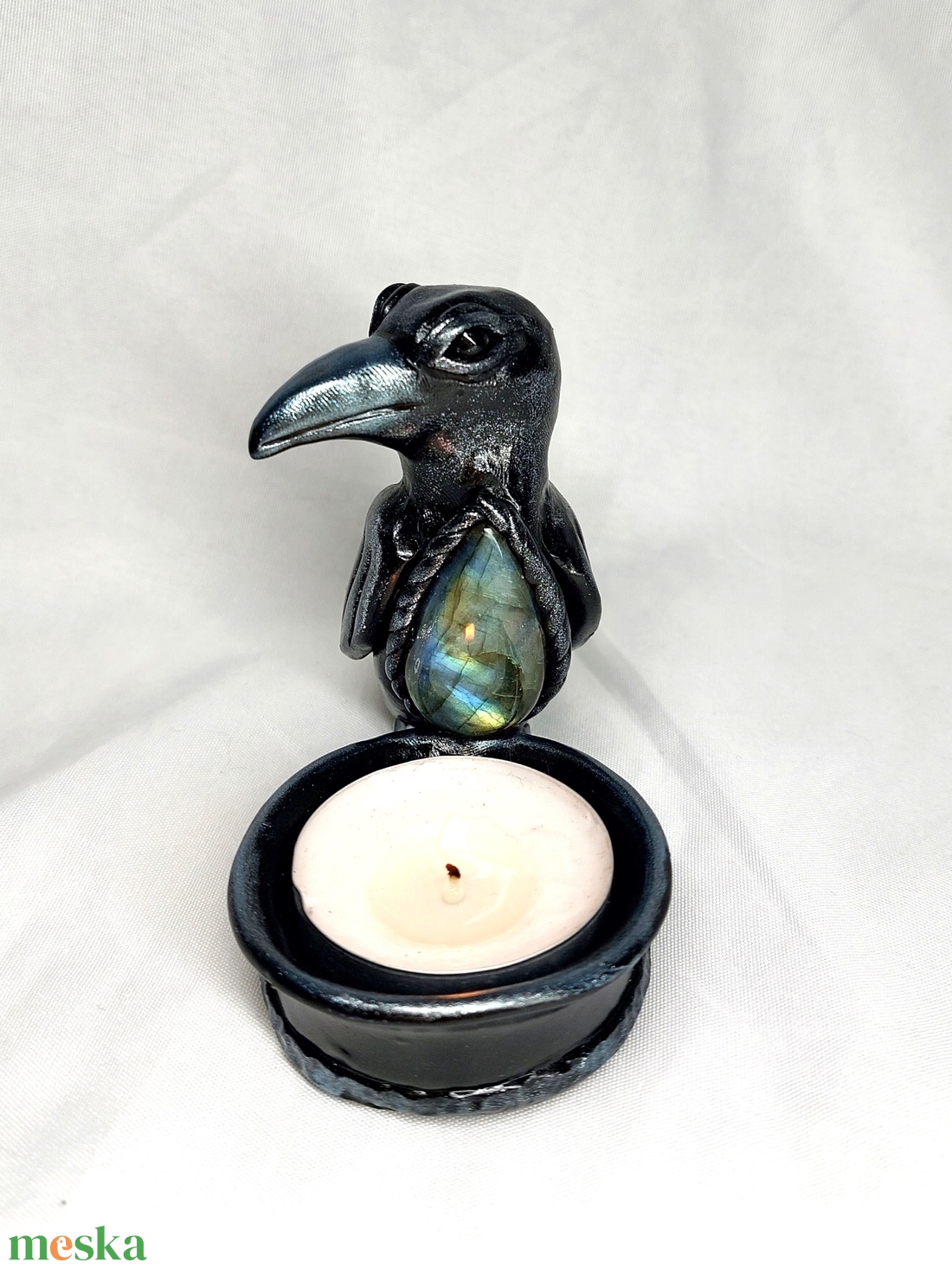 Varjú mécsestartó labradorittal  - otthon & életmód - gyertya, illat, aroma - mécses és mécsestartó - Meska.hu