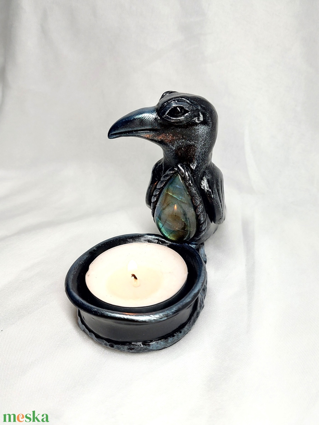 Varjú mécsestartó labradorittal  - otthon & életmód - gyertya, illat, aroma - mécses és mécsestartó - Meska.hu