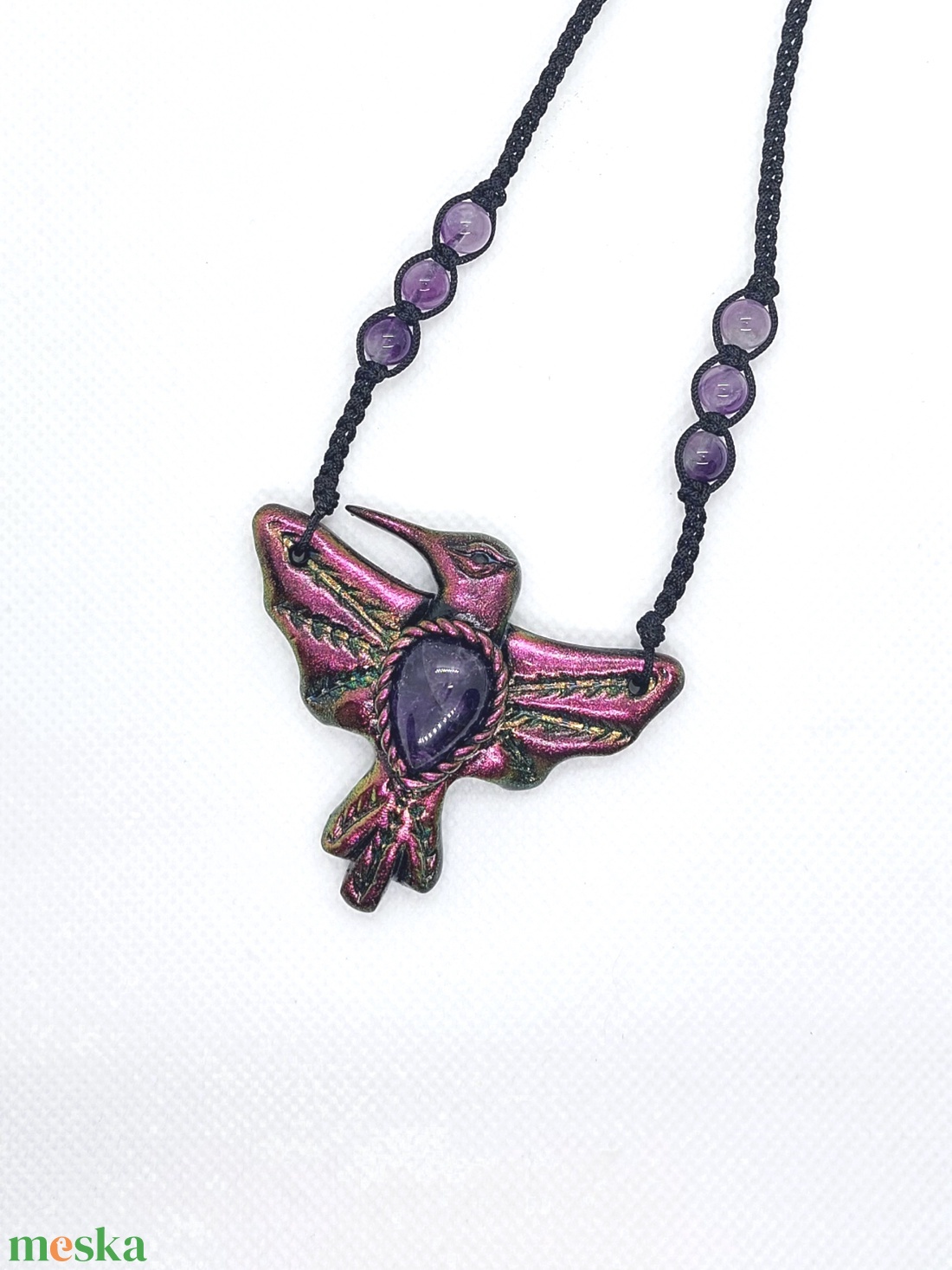 Kolibri amulett Ametiszt ásvánnyal  - ékszer - nyaklánc - medálos nyaklánc - Meska.hu