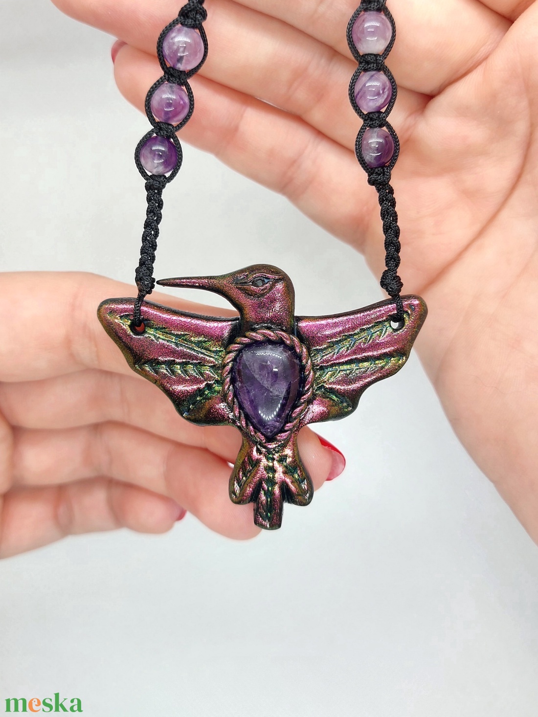 Kolibri amulett Ametiszt ásvánnyal  - ékszer - nyaklánc - medálos nyaklánc - Meska.hu