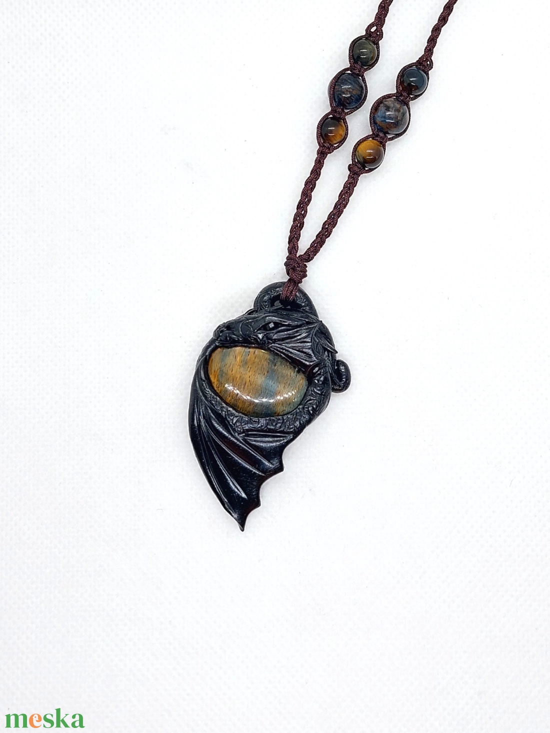 Sárkány amulett tigrisszem-sólyomszem ásvánnyal - ékszer - nyaklánc - medálos nyaklánc - Meska.hu