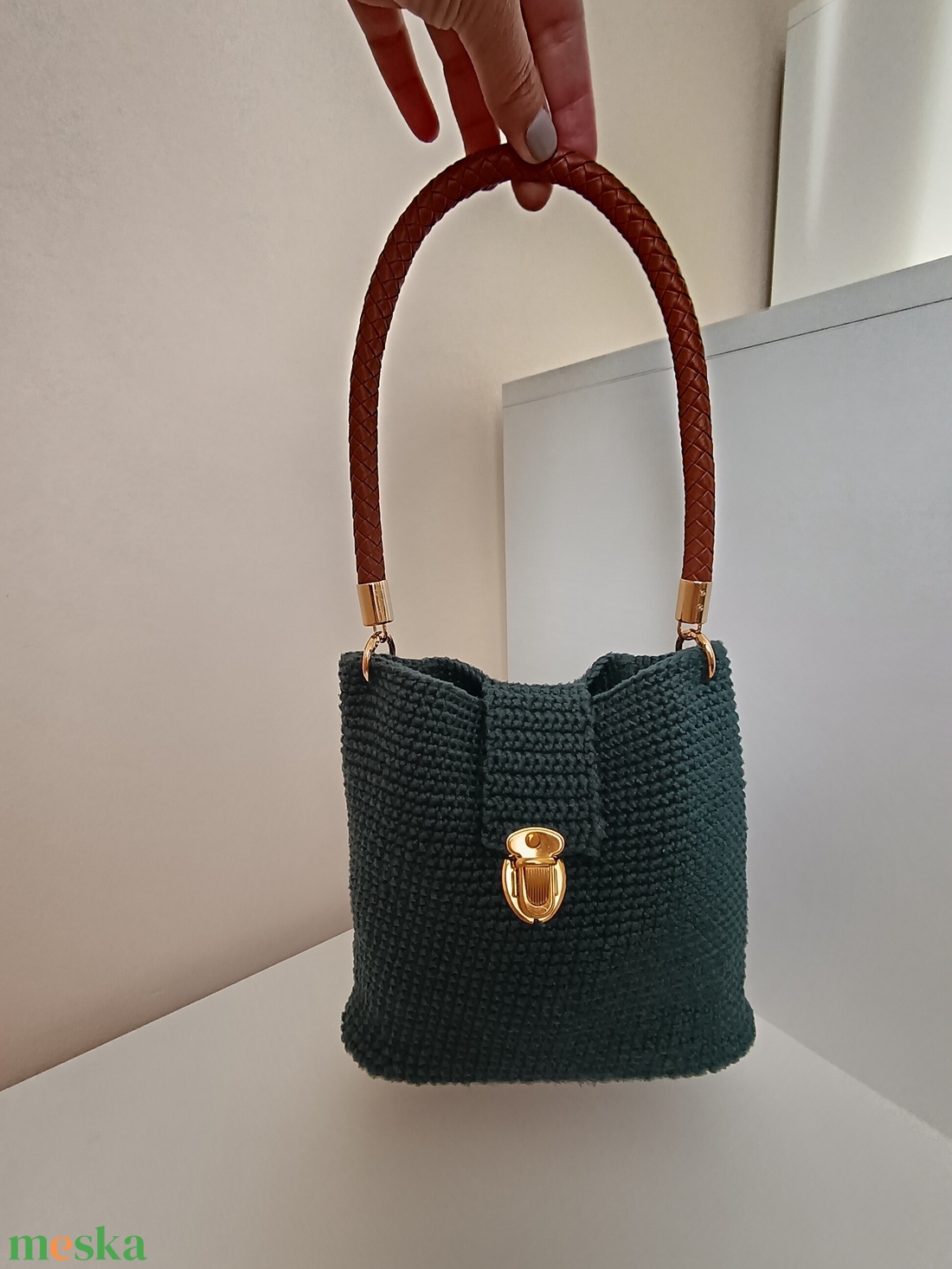  Forest Charm  kézzel horgolt elegáns táska bőr hatású pánttal - táska & tok - kézitáska & válltáska - kézitáska - Meska.hu