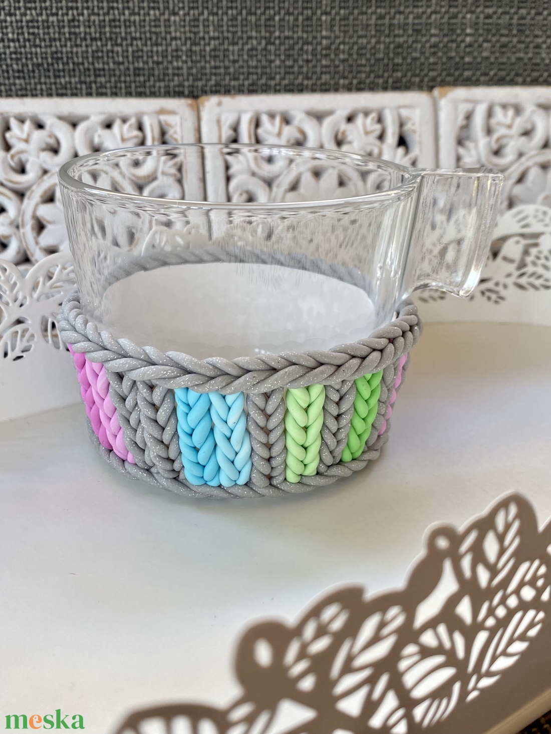 Teás/kávés üvegcsésze-kötött mintával - otthon & életmód - konyhafelszerelés, tálalás - tálalás - bögre & csésze - Meska.hu