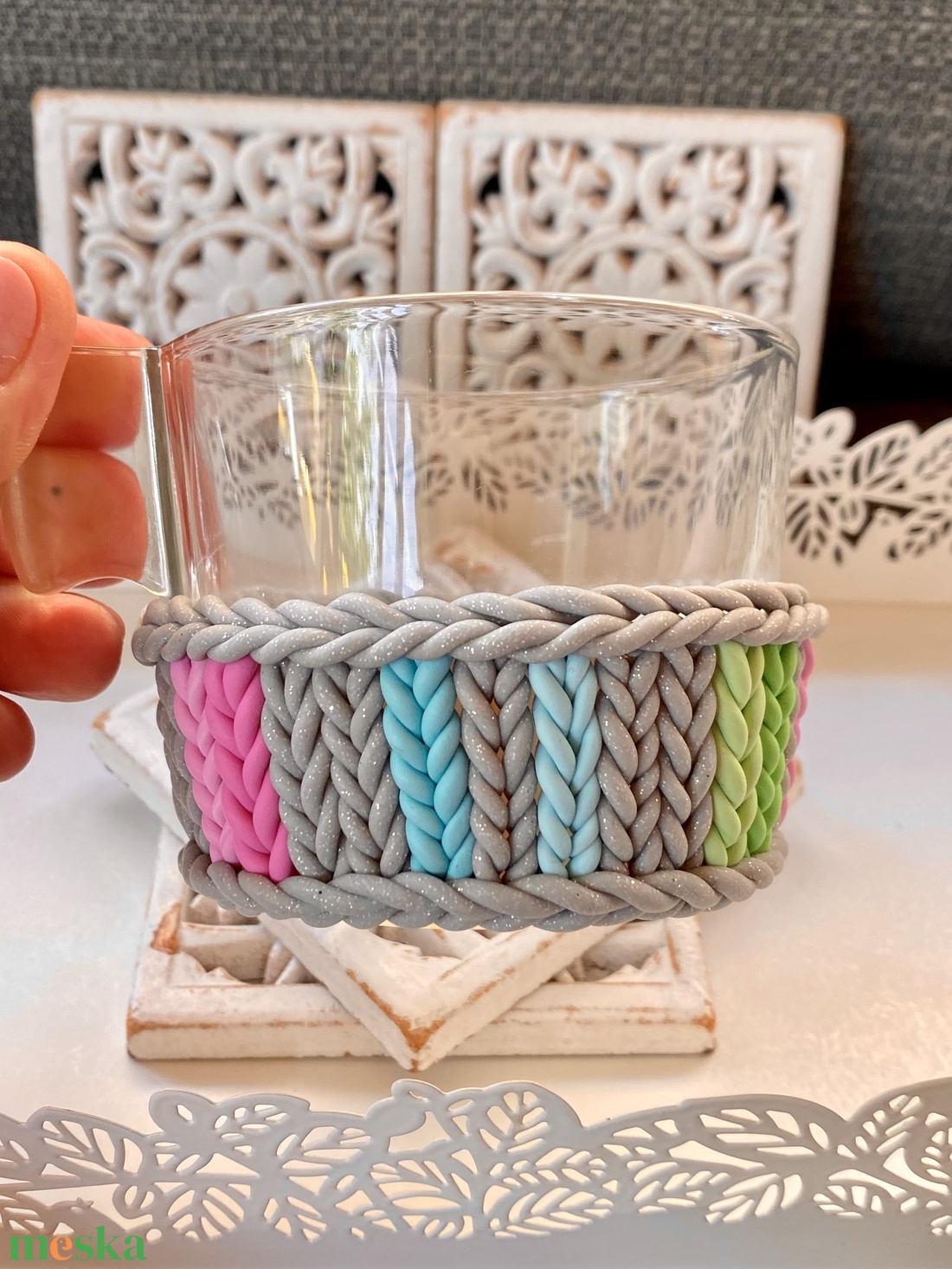 Teás/kávés üvegcsésze-kötött mintával - otthon & életmód - konyhafelszerelés, tálalás - tálalás - bögre & csésze - Meska.hu