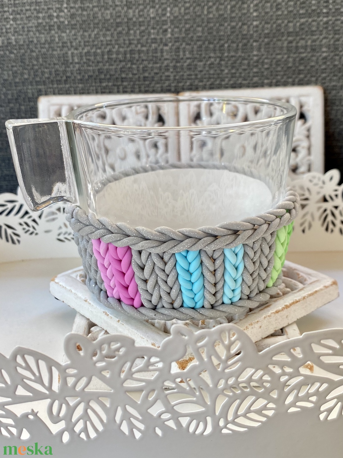 Teás/kávés üvegcsésze-kötött mintával - otthon & életmód - konyhafelszerelés, tálalás - tálalás - bögre & csésze - Meska.hu