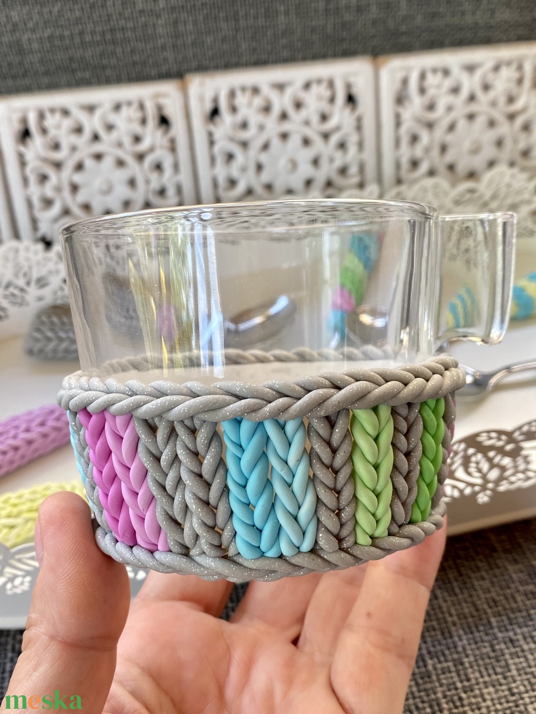 Teás/kávés üvegcsésze-kötött mintával - otthon & életmód - konyhafelszerelés, tálalás - tálalás - bögre & csésze - Meska.hu