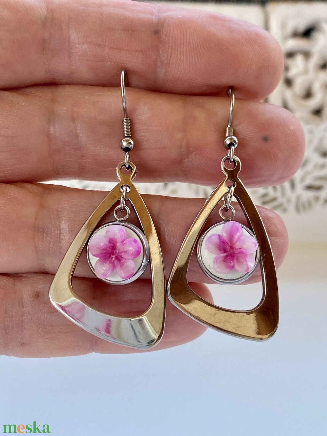 Cseresznye virágos nemesacél fülbevaló 1. - ékszer - fülbevaló - lógó fülbevaló - Meska.hu