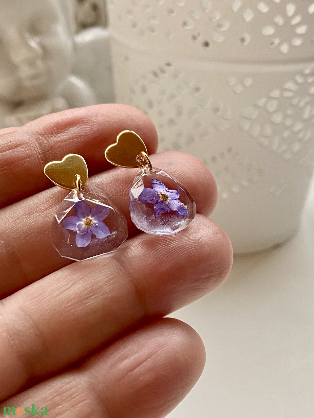 Nefelejcses szív és csepp forma,epoxi gyanta fülbevaló - ékszer - fülbevaló - lógó fülbevaló - Meska.hu