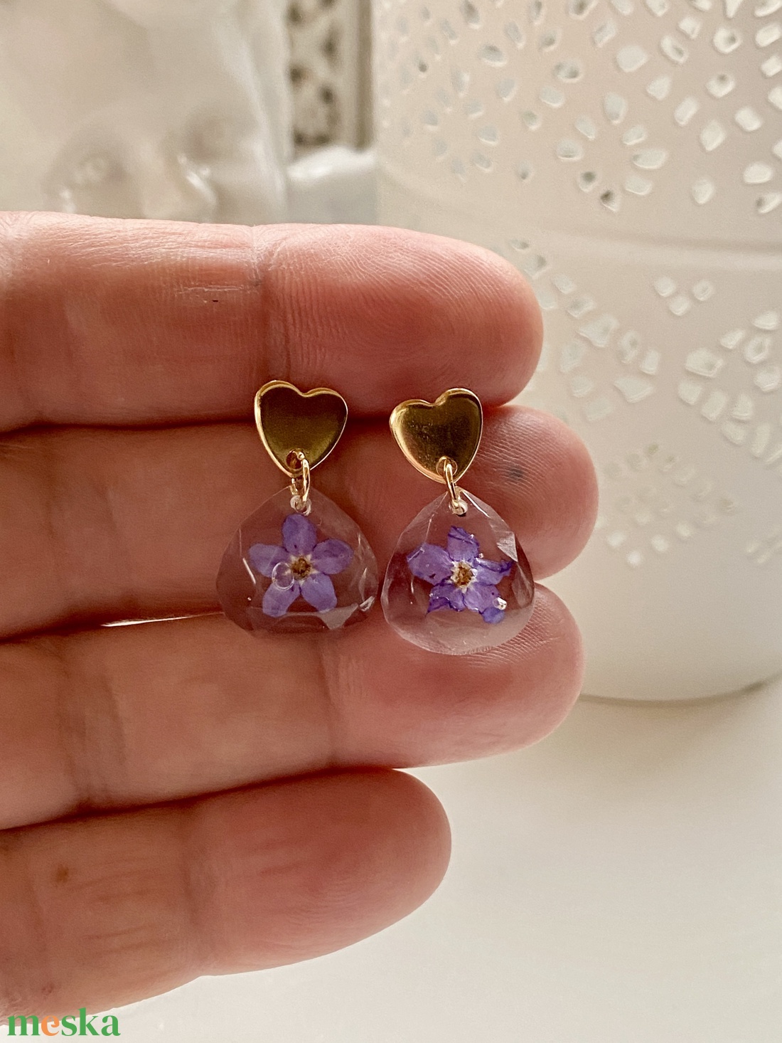 Nefelejcses szív és csepp forma,epoxi gyanta fülbevaló - ékszer - fülbevaló - lógó fülbevaló - Meska.hu