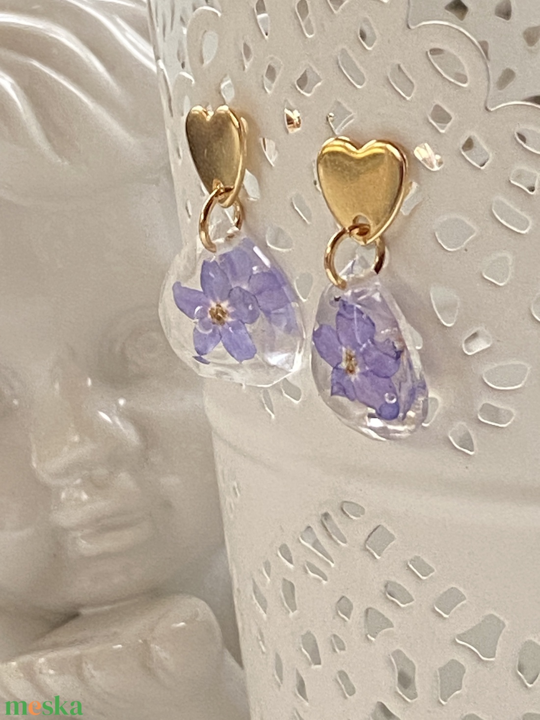 Nefelejcses szív és csepp forma,epoxi gyanta fülbevaló - ékszer - fülbevaló - lógó fülbevaló - Meska.hu